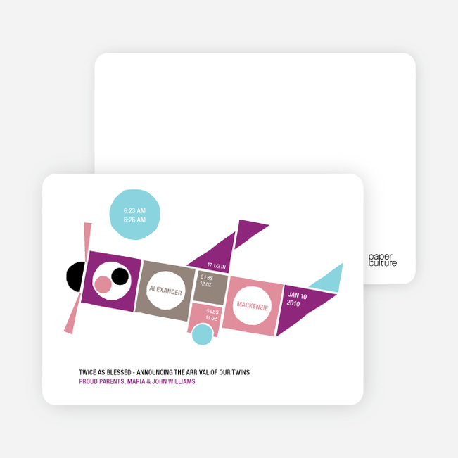 Airplane Twins Modern Baby Announcement - Plum