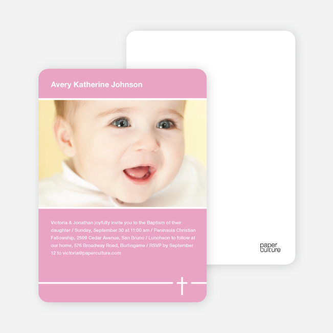 Baptism Photo Card: Simple Cross - Pink