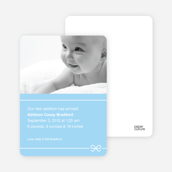 Blue Bow Modern Baby Announcement - Baby Blue