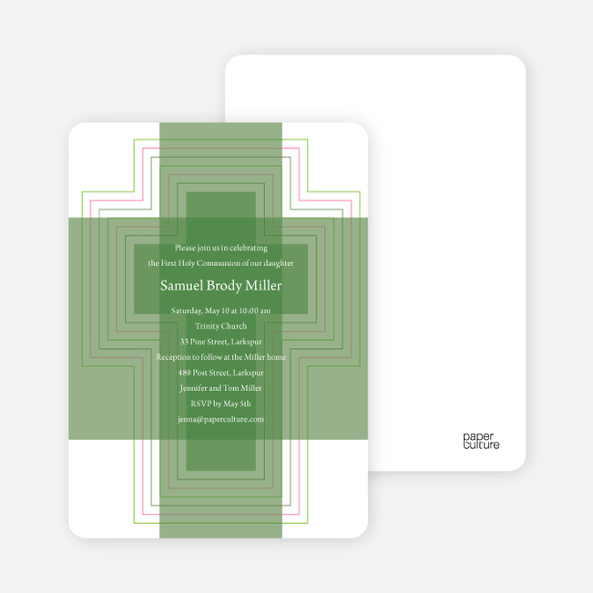 Bold, Geometric Cross – Holy Communion Invitations - Forest Green