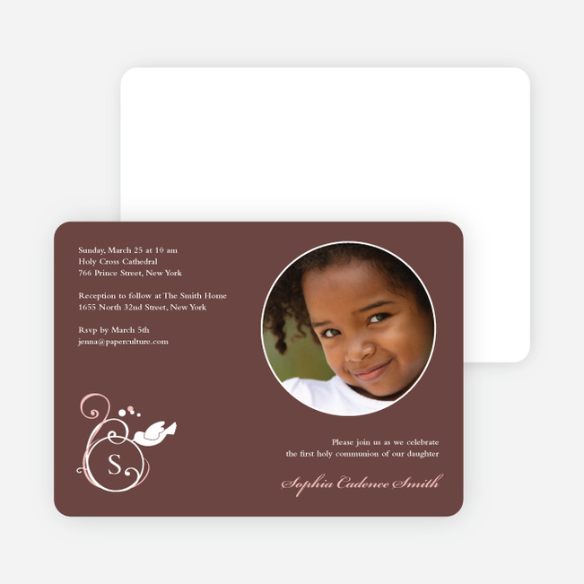 Monogrammed Dove Photo Cards for First Holy Communion Invitations - Eggplant