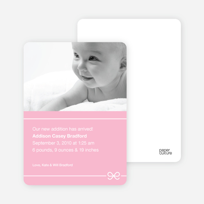 Pink Bow Modern Baby Announcement - Baby Pink