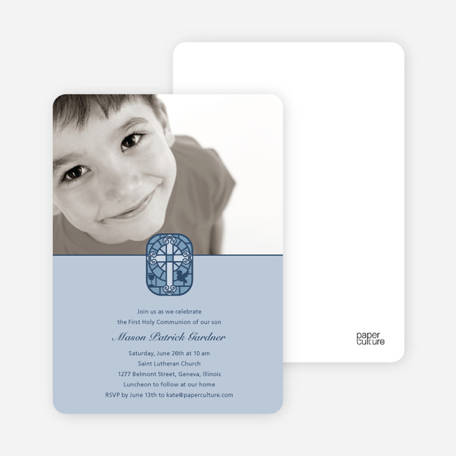 Stained Glass Photo Card for First Holy Communion Invitations - Powder Blue