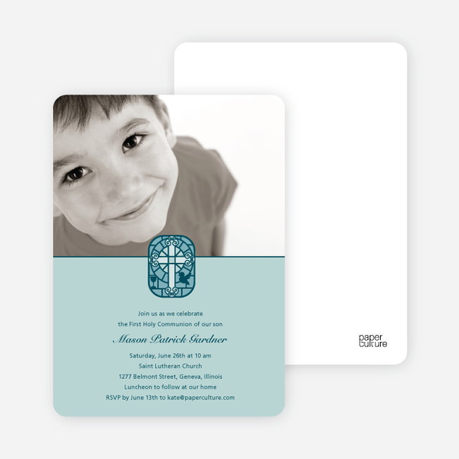 Stained Glass Photo Card for First Holy Communion Invitations - Sage Green