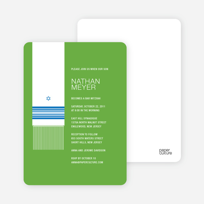 Tallit – Prayer Shawl Bar and Bat Mitzvah Invitations - Apple Green