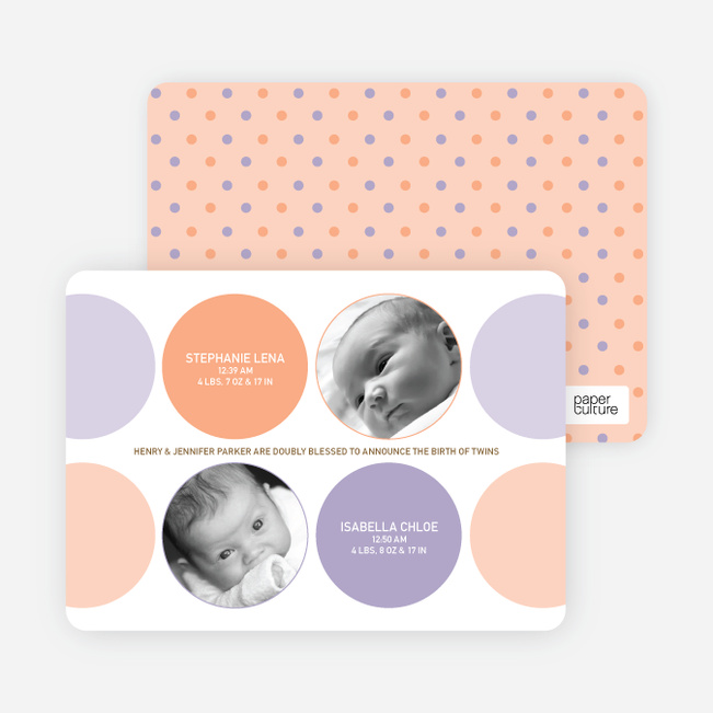 Modern Twin Birth Announcements with 2 Photos - Orange Sherbet
