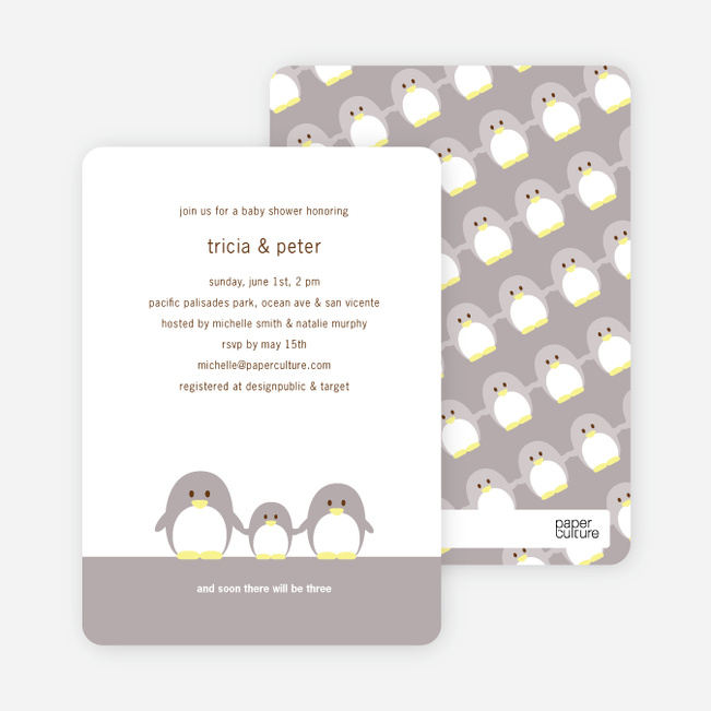 Penguin Family Baby Shower Invitations - Silver Grey