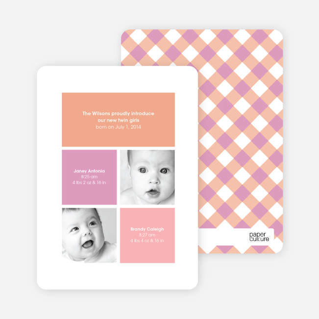 Ultra Modern Four Square Twin Birth Announcements - Amethyst