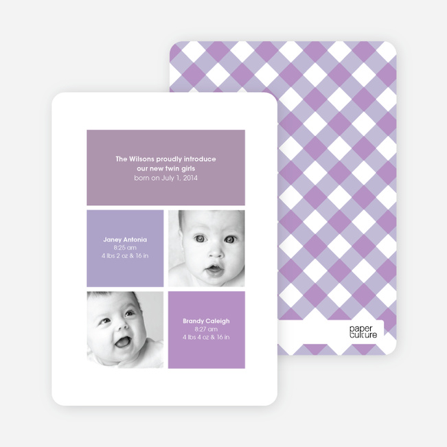 Ultra Modern Four Square Twin Birth Announcements - Lilac