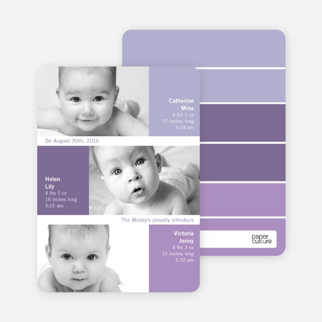 Triple Threat Triplet Baby Announcements - Grape