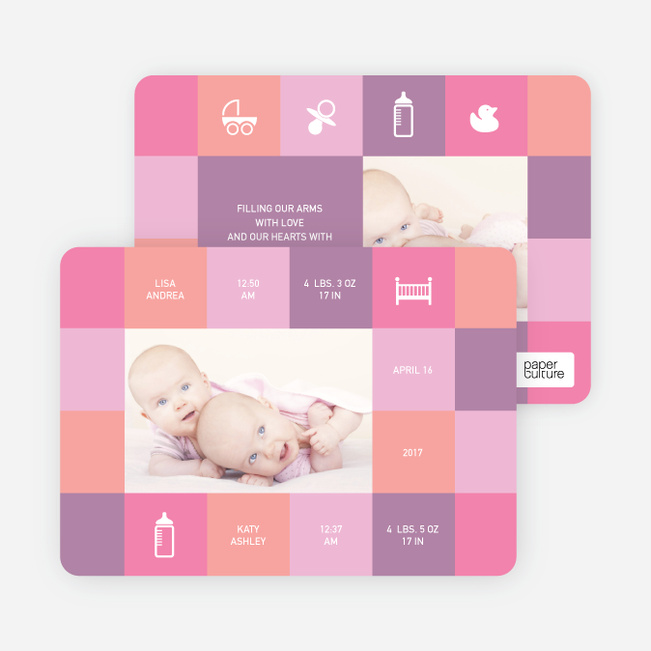 Double Trouble Twin Photo Birth Announcements - Shocking Pink