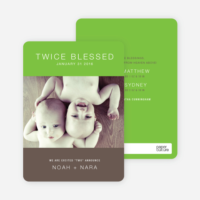 Twice Blessed Twin Announcements - Apple Green