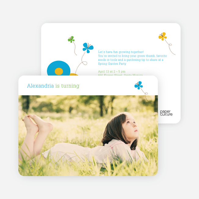 Butterflies and Flowers Modern Birthday Invitation - Cyan