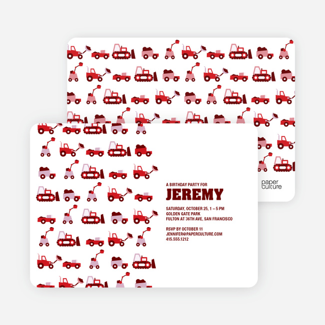 Dump Truck, Forklift & Bulldozer Birthday Invitation - Maroon