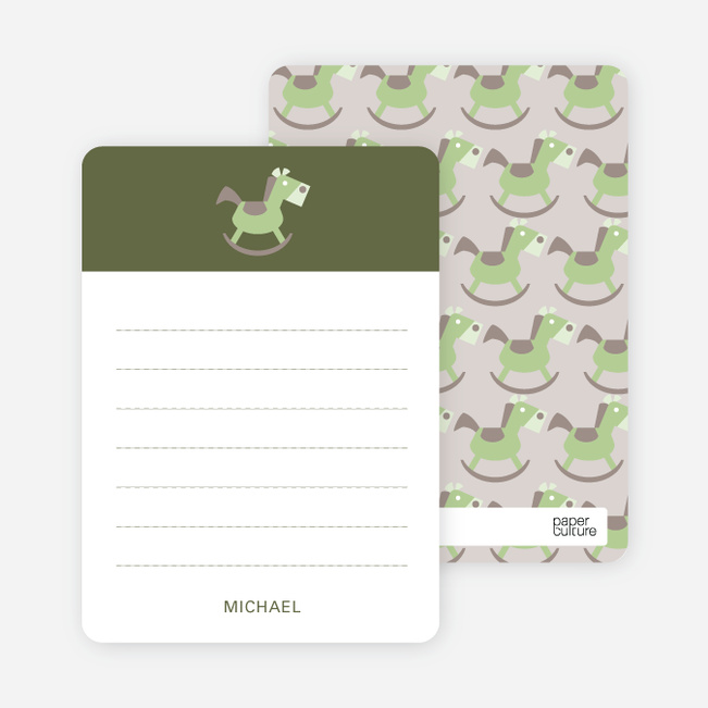 Note Cards: ‘Rocking Horse Baby Announcement’ cards. - Burly Wood