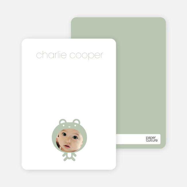 Personal Stationery for Baby in Cuddly Bear Outfit Baby Announcement - Sage