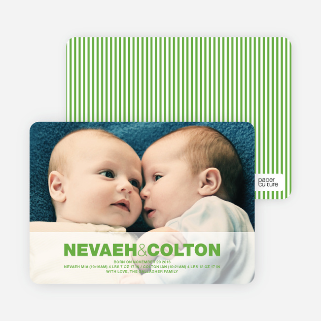 Cradle Talk Twin Photo Birth Announcements - Apple Green