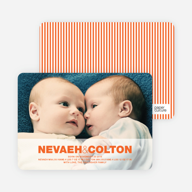Cradle Talk Twin Photo Birth Announcements - Tangerine