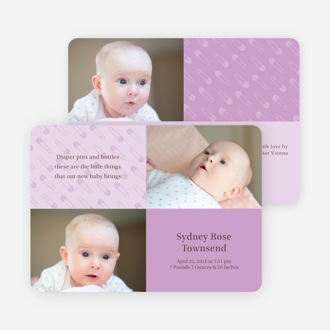 Baby pin Photo Birth Announcements - Pale Wisteria