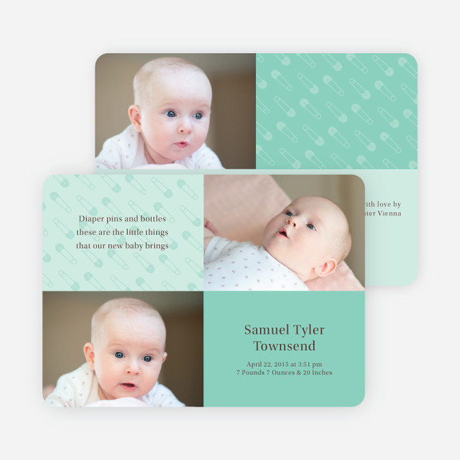 Baby pin Photo Birth Announcements - Aquamarine