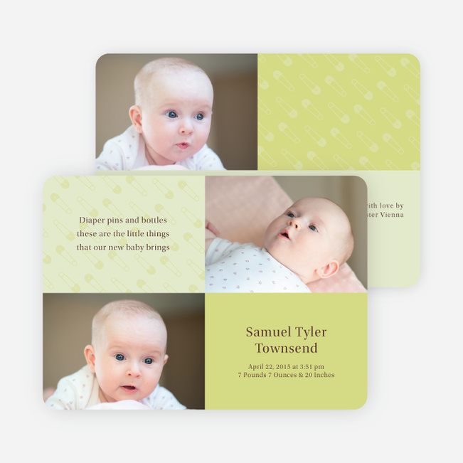 Baby pin Photo Birth Announcements - Pale Celadon