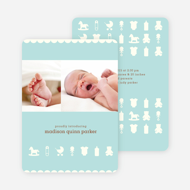 Baby Things 2 Photo Birth Announcements - Blue Bib