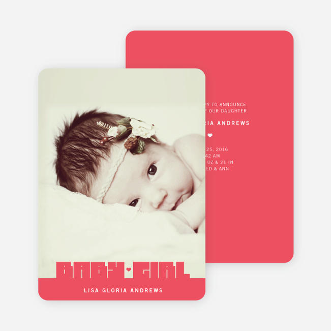 Bold Modern Girls’ Baby Announcement - Berry Pink