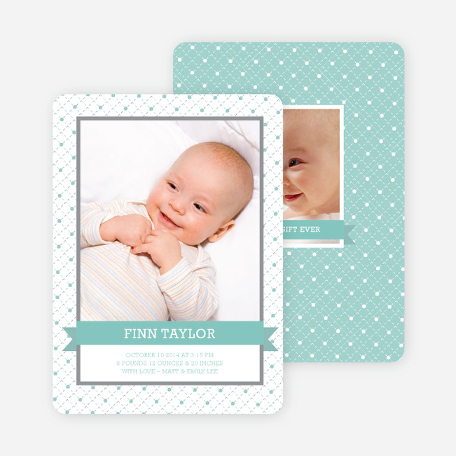 Classic Ribbon Frame Photo Birth Announcement - Aqua Baby