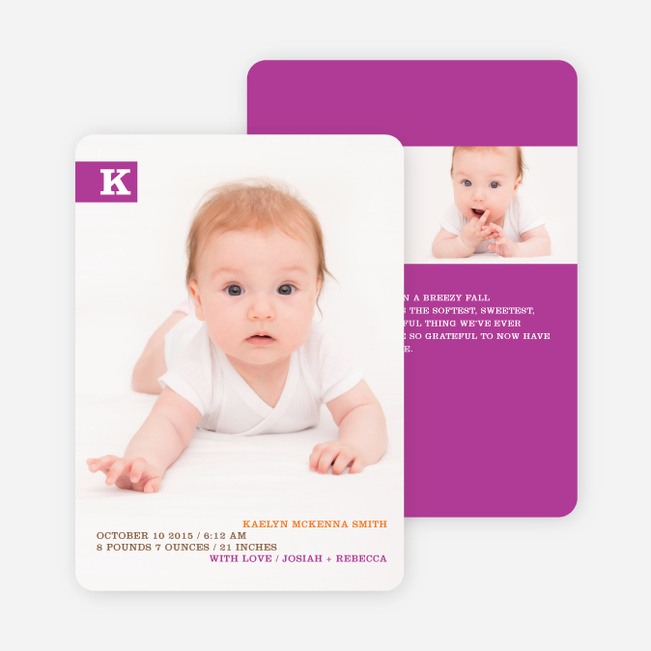 Monogram Color Band Photo Birth Announcements - Eggplant