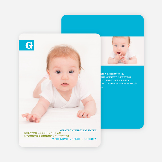 Monogram Color Band Photo Birth Announcements - Blue Excitement