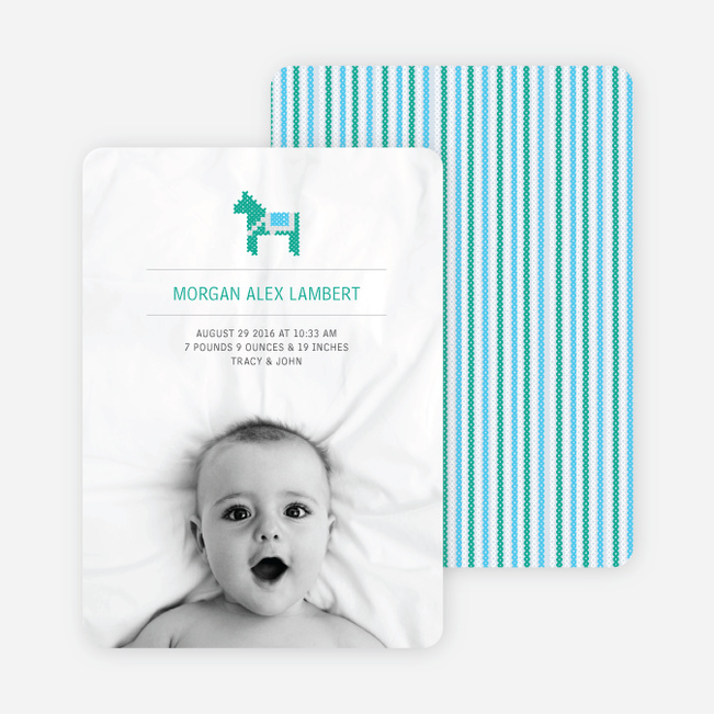Quilted Horse Photo Birth Announcement - Baby Blue