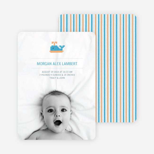 Quilted Whale Photo Birth Announcement - Pale Blue
