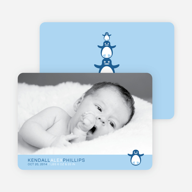 Stacked Penguin Photo Baby Announcement - Sky Blue