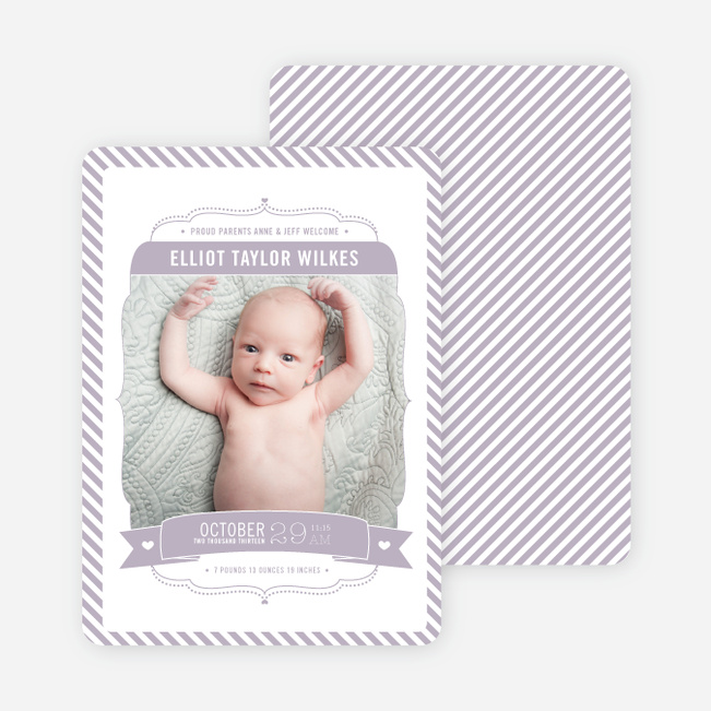 Stripes Frame Photo Birth Announcements - Purple