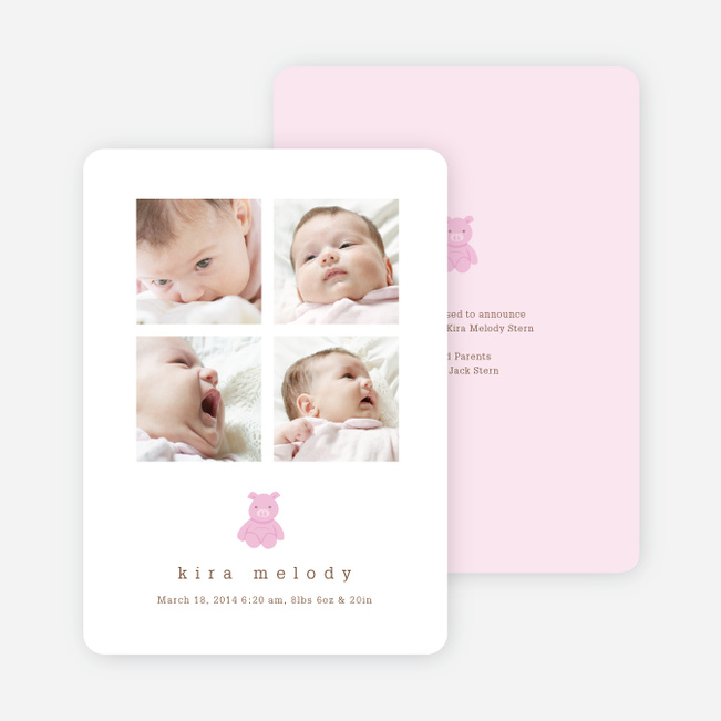 Stuffed Animals Birth Announcements: Rabbit, Pig, Bear and Cat - Pink