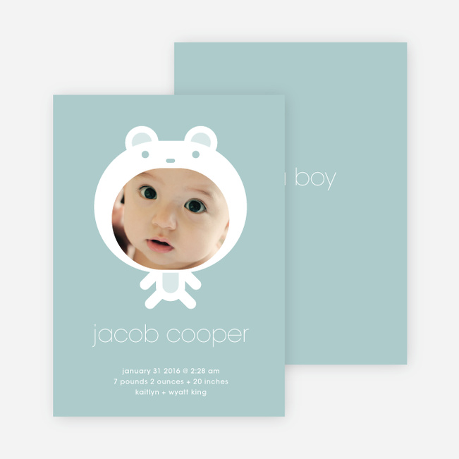 Baby in Cuddly Bear Outfit Baby Announcement - Grey Blue