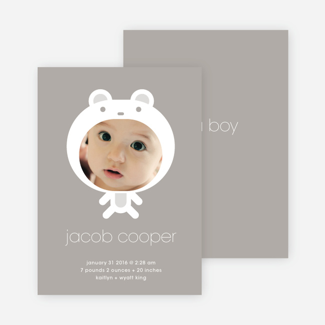 Baby in Cuddly Bear Outfit Baby Announcement - Warm Grey