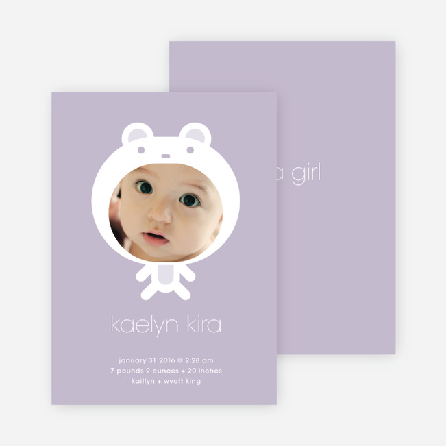 Baby in Cuddly Bear Outfit Baby Announcement - Lilac