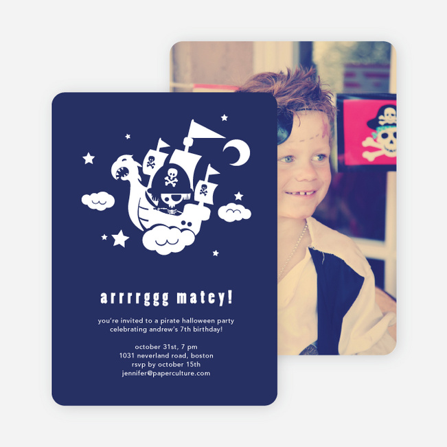 Flying Pirate Ship Halloween Party Invitations - Deep Blue