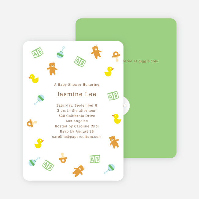 The Baby Classics Baby Shower Invitations: Bears, Ducks, Blocks, Pacifiers and Rattles - Green