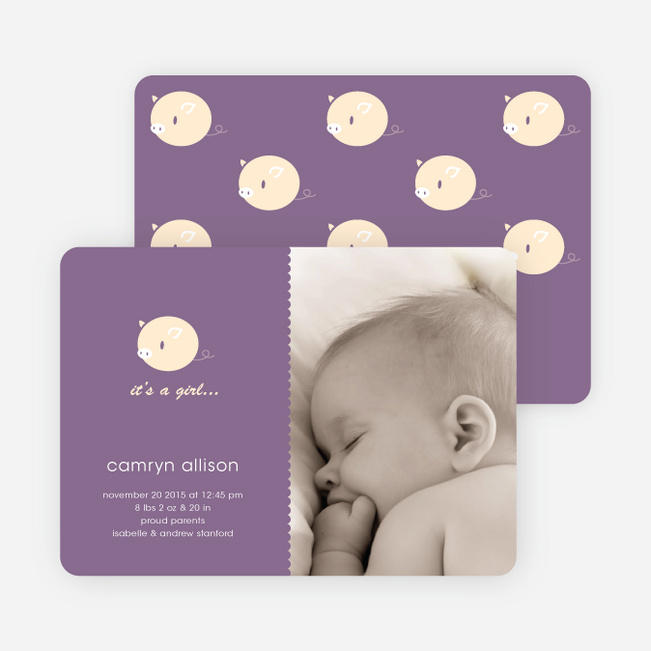 Darn Cute Piggy Baby Announcement - Plum
