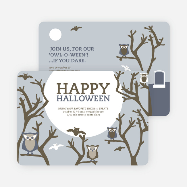 Owl and Graveyard Halloween Party Invitations - Blue