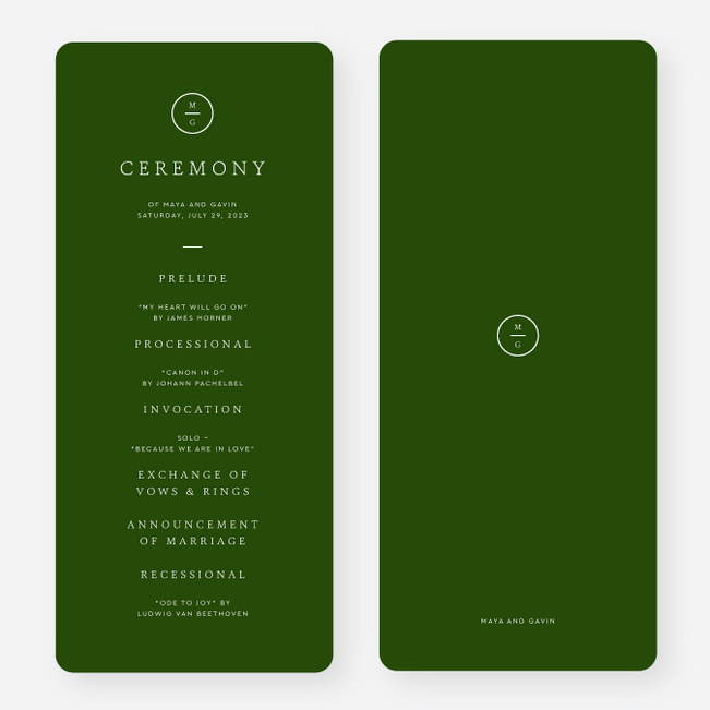 Timeless Monogram Wedding Programs - Green