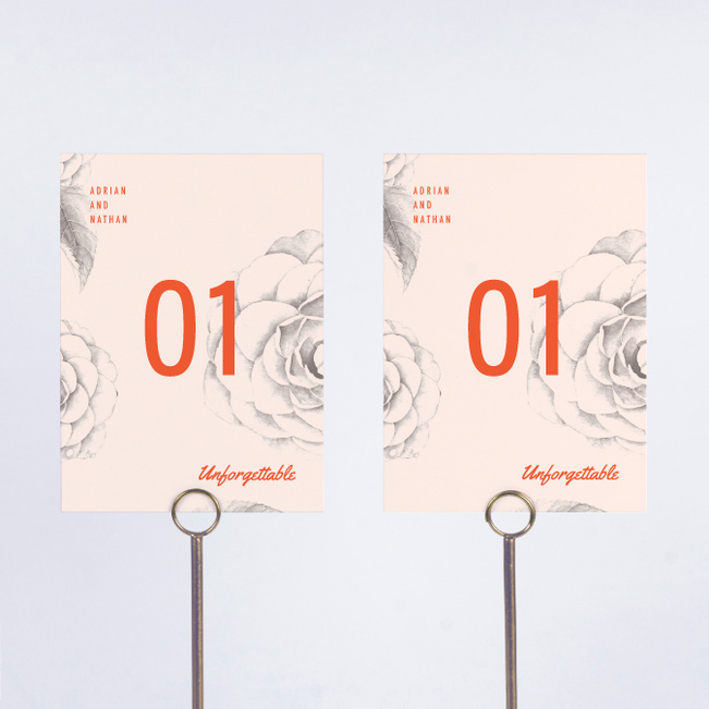 Muted Camellia Wedding Table Cards - Red