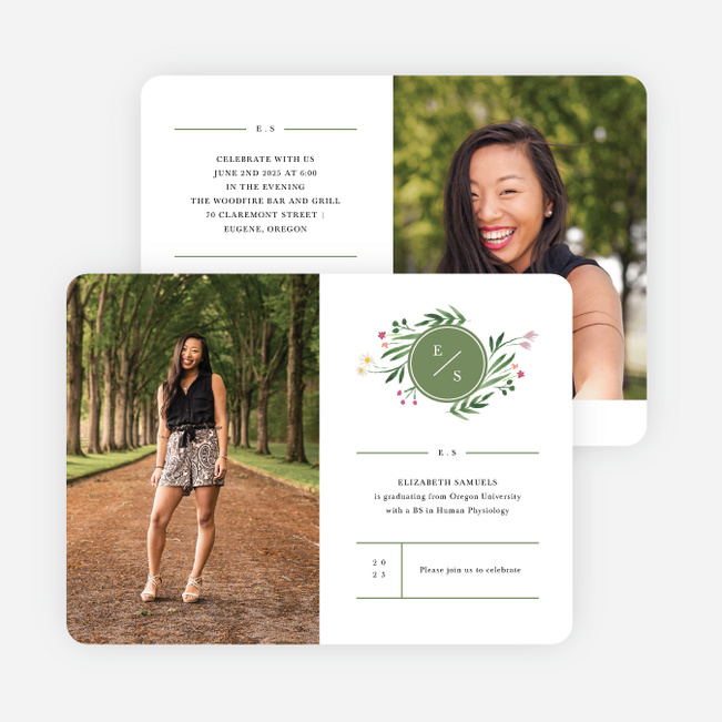Floral Monogram Graduation Announcements & Graduation Invitations - Green