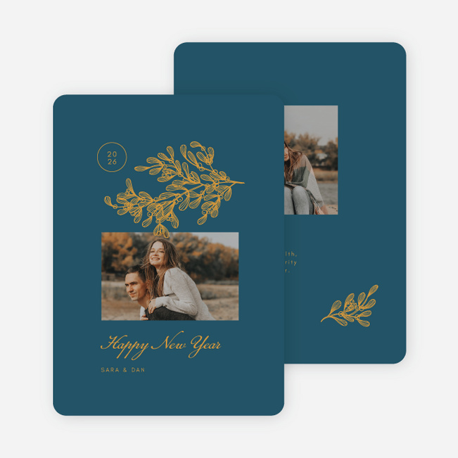 Delicate Holly Outline New Year Cards and Invitations - Blue