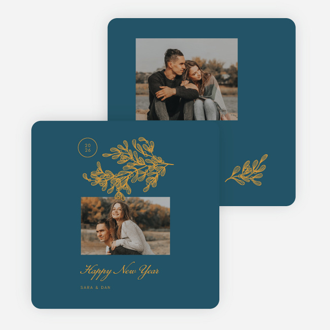 Delicate Holly Outline New Year Cards and Invitations - Blue