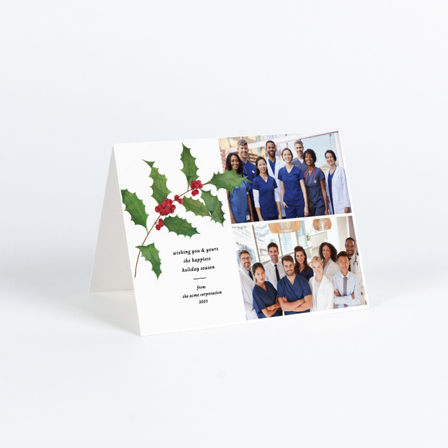 Traditional Holly Branch Corporate Holiday Cards & Corporate Christmas Cards - White