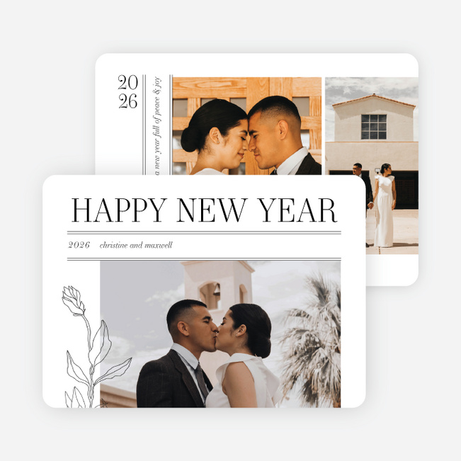 Monochrome Bloom New Year Cards and Invitations - White