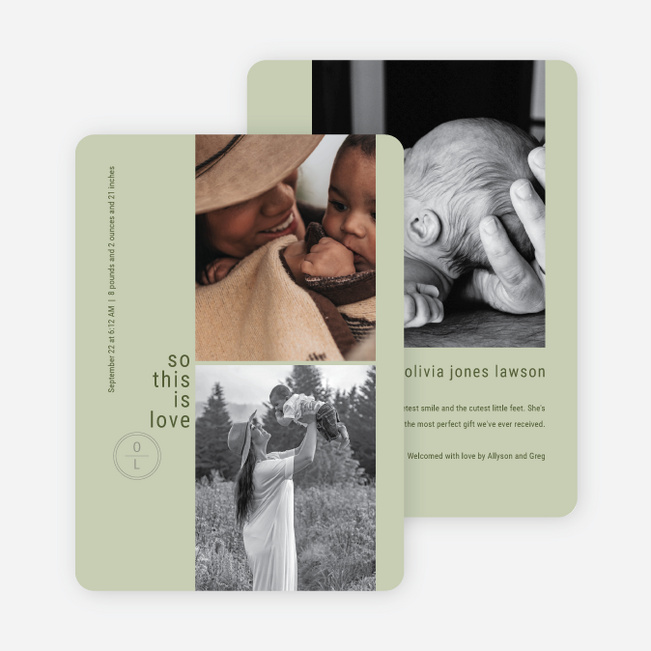 Photo Strip Monogram Baby Birth Announcements - Green
